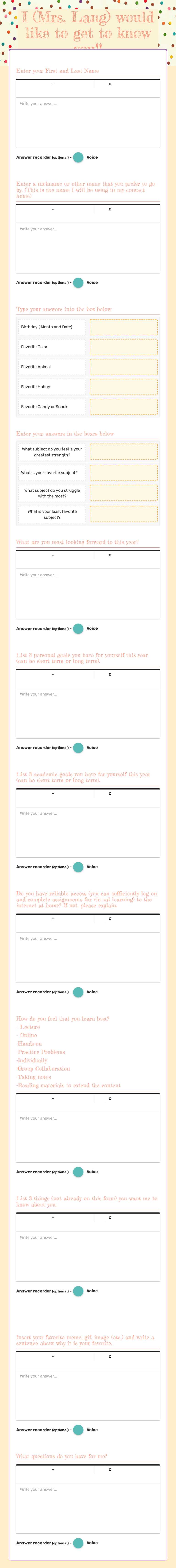I (Mrs. Lang) would like to get to know you!! Grade 7 worksheet preview