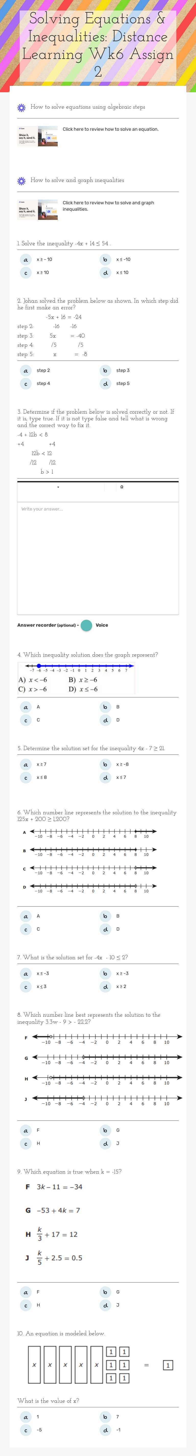Solving Equations & Inequalities: Distance Learning Wk6 Assign 2 Grade 7 worksheet preview