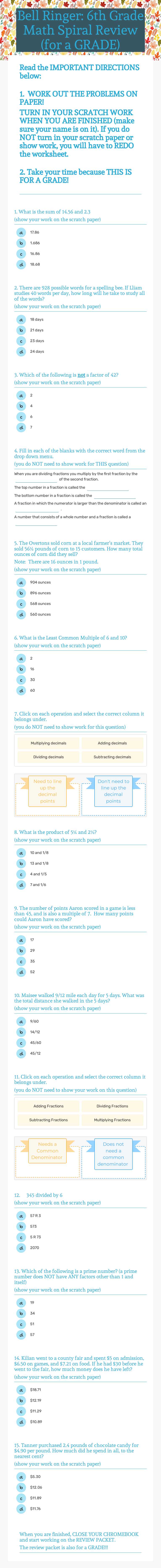 Bell Ringer: 6th Grade Math Spiral Review (for a GRADE) Grade 6 worksheet preview