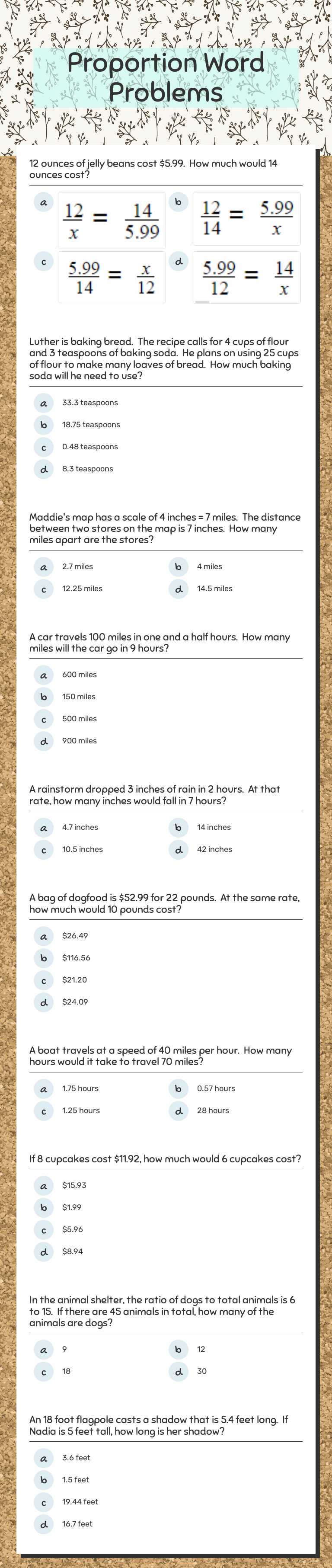 Proportion Word Problems Grade 7 worksheet preview