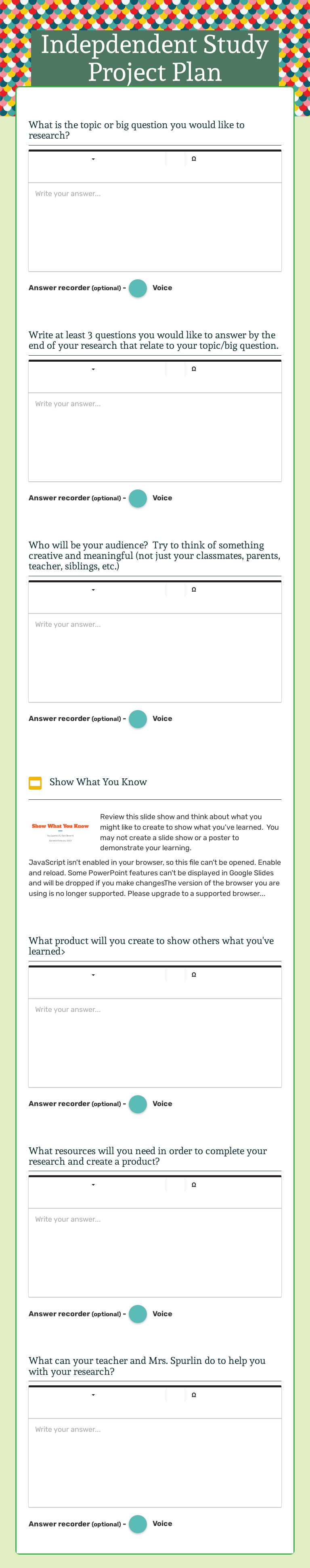 Indepdendent Study Project Plan Grade 3 worksheet preview