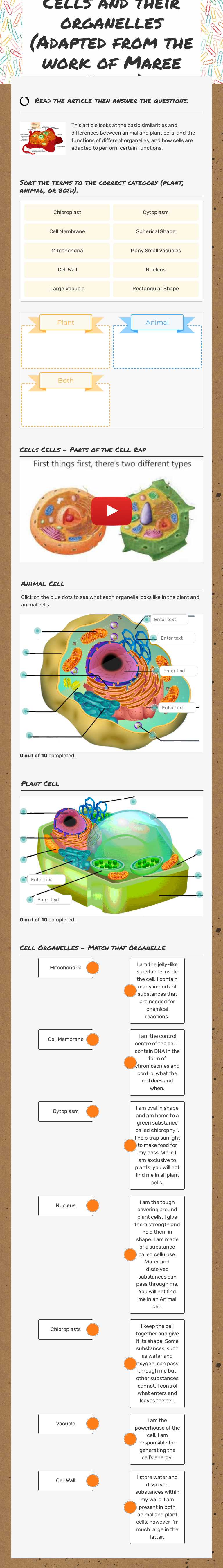 Cells and their organelles (Adapted from the work of Maree Timms) Grade 8 worksheet preview