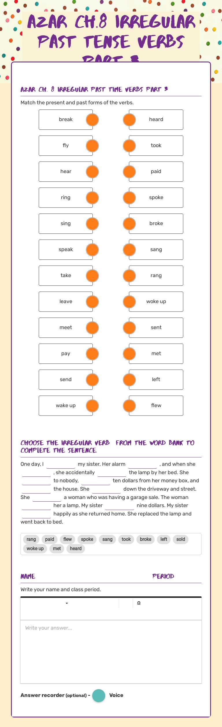 Azar Ch.8 IRREGULAR PAST TENSE VERBS  PaRT 3 worksheet preview image