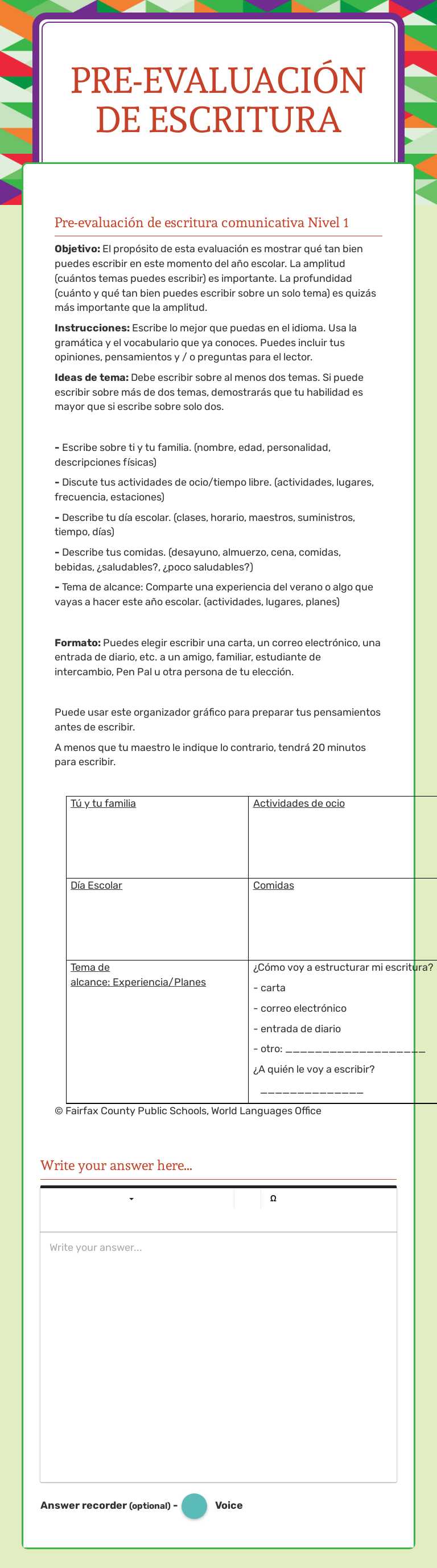 PRE-EVALUACIóN DE ESCRITURA worksheet preview image