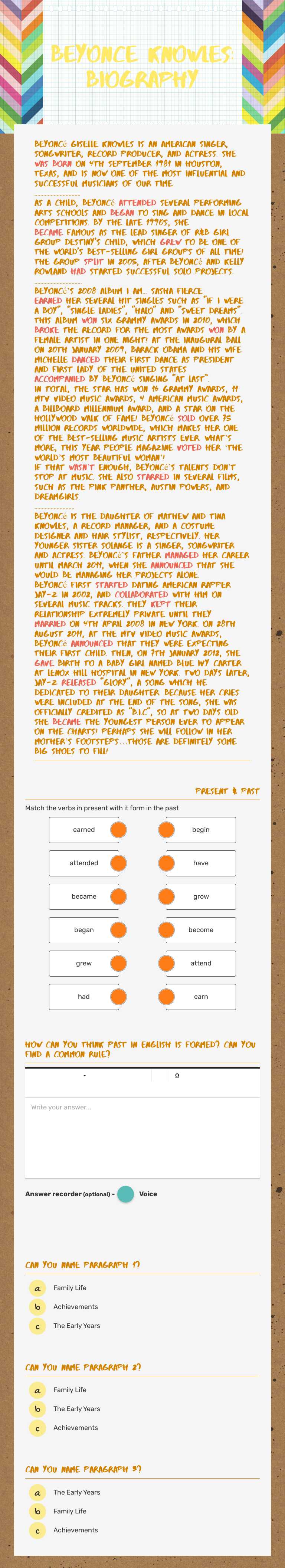 beyonce knowles: biography worksheet preview image