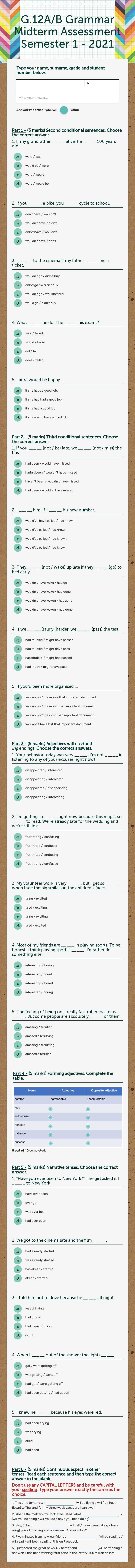 G.12A/B Grammar Midterm Assessment Semester 1 - 2021 worksheet preview image