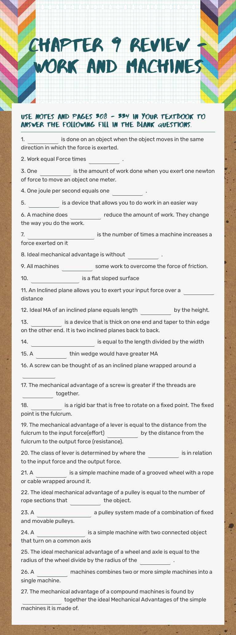 Chapter 9 Review - Work and Machines worksheet preview image