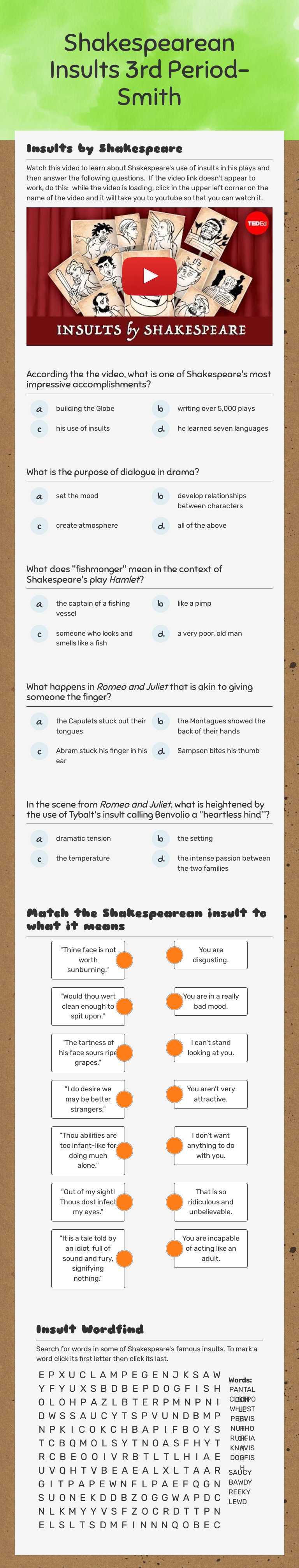 Shakespearean Insults 3rd Period- Smith worksheet preview