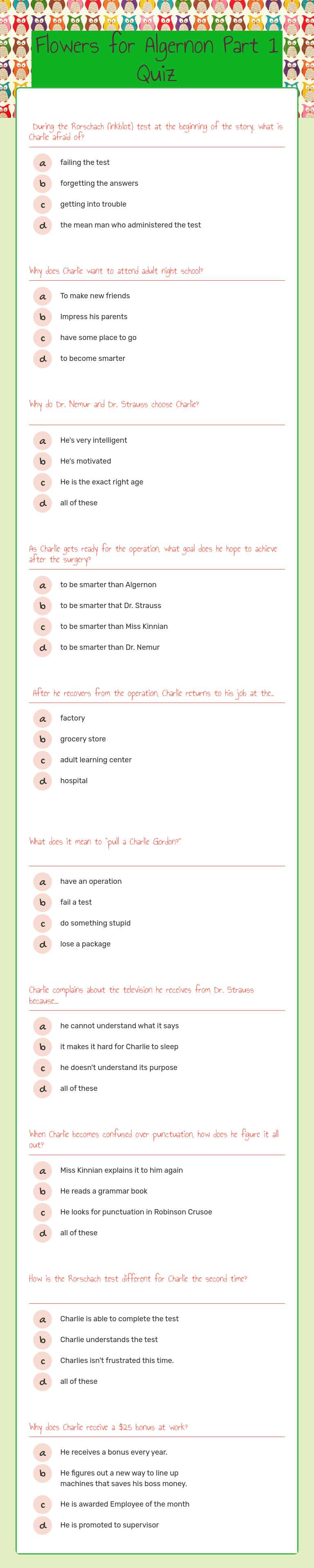 Flowers for Algernon Part 1 Quiz worksheet preview image