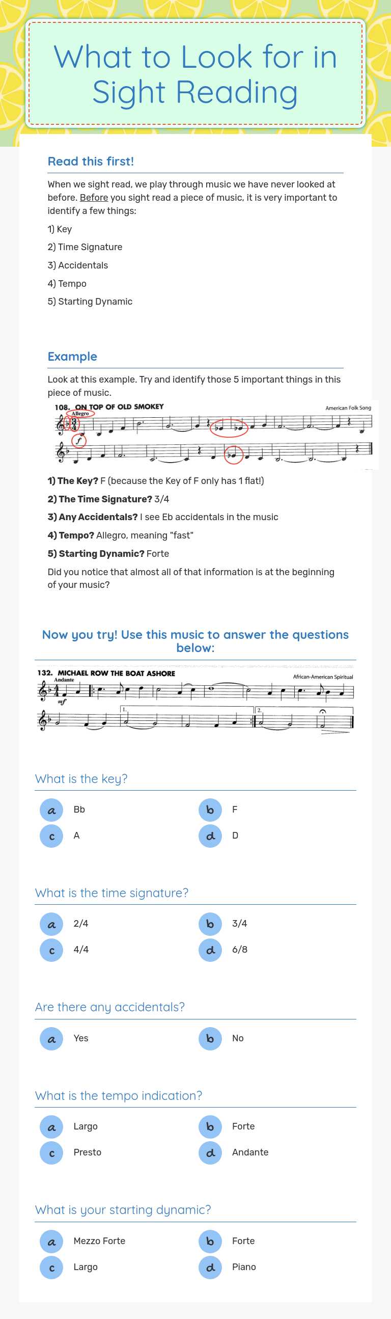 What to Look for in Sight Reading Grade 6 worksheet preview