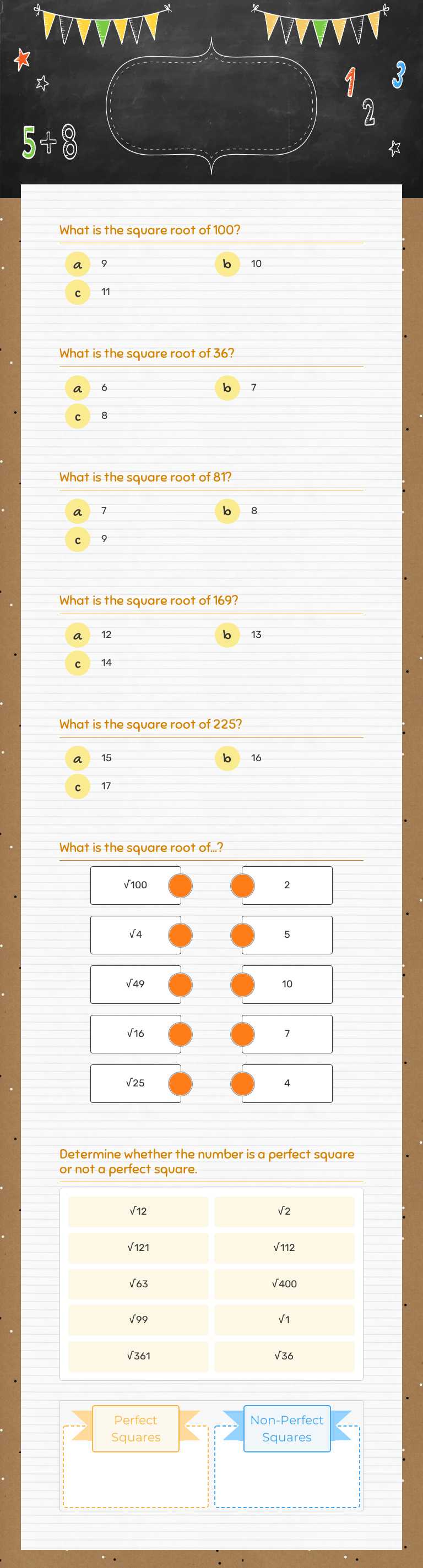 Squares and Square Roots Grade 6 worksheet preview