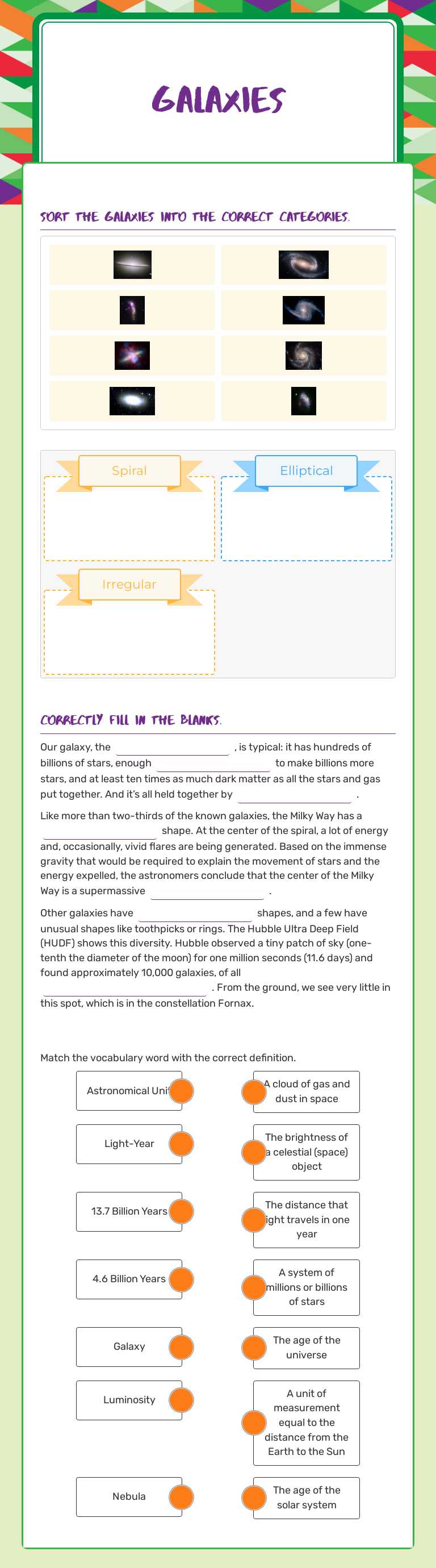 Galaxies worksheet preview image