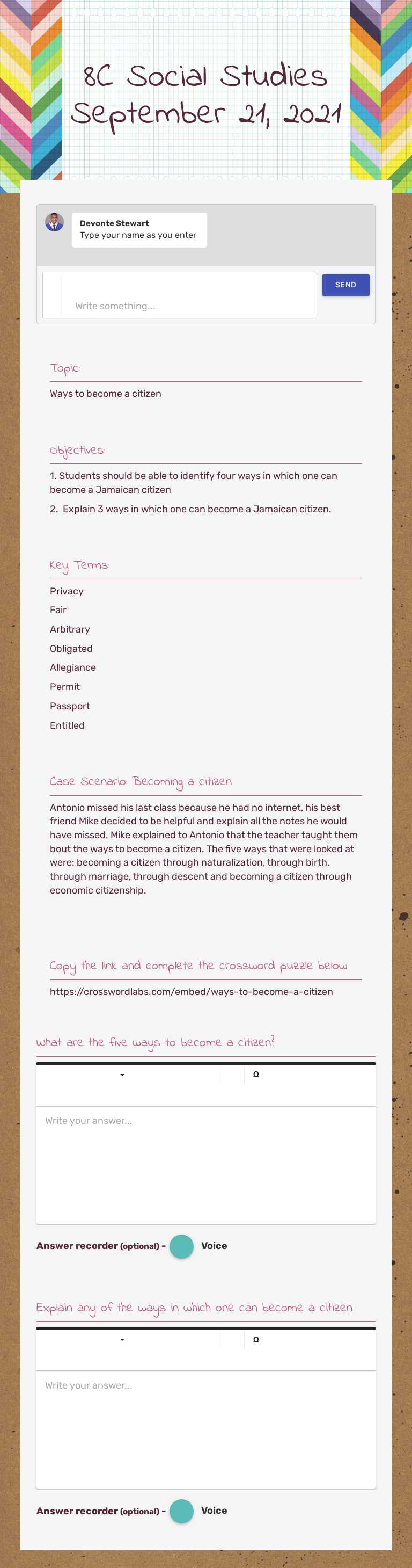 8C Social Studies     September 21, 2021 Grade 8 worksheet preview