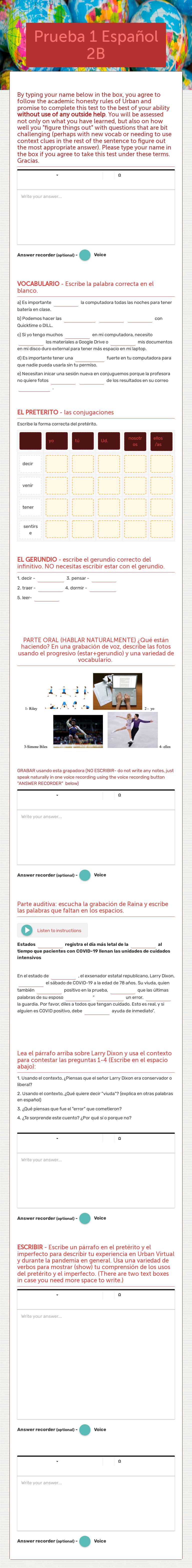 Prueba 1     Español 2B Grade 10 worksheet preview