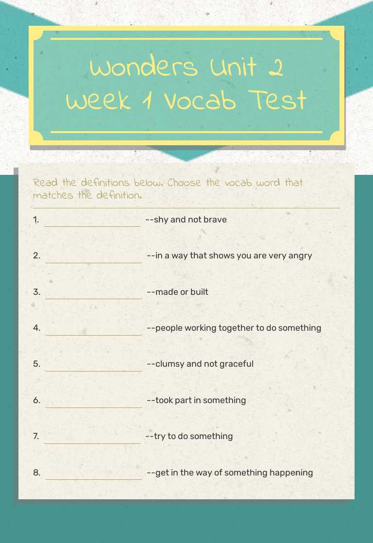 Wonders Unit 2 Week 1 Vocab Test worksheet preview image