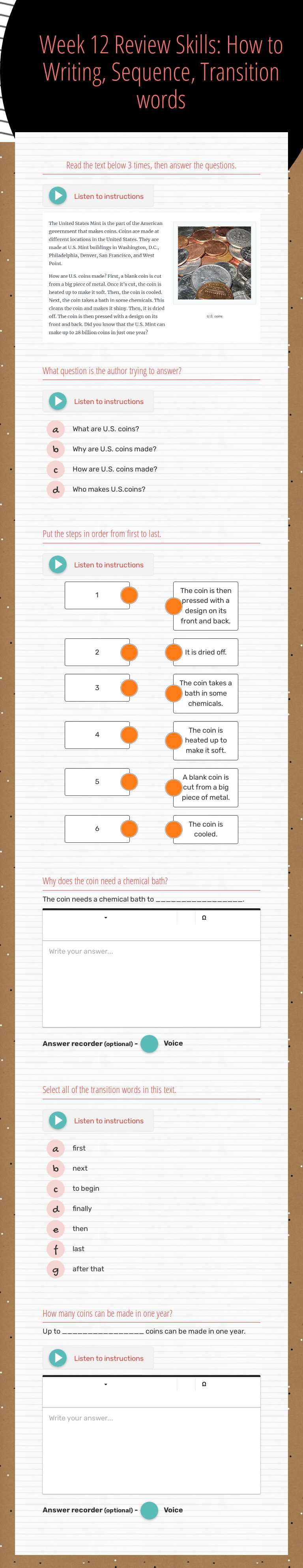 Week 12 Review Skills: How to Writing, Sequence, Transition words worksheet preview image