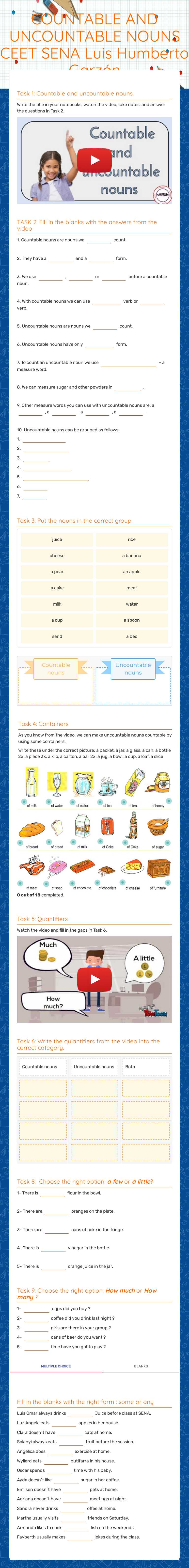 COUNTABLE AND UNCOUNTABLE NOUNS
CEET SENA 
Luis Humberto Garzón Grade 10 worksheet preview