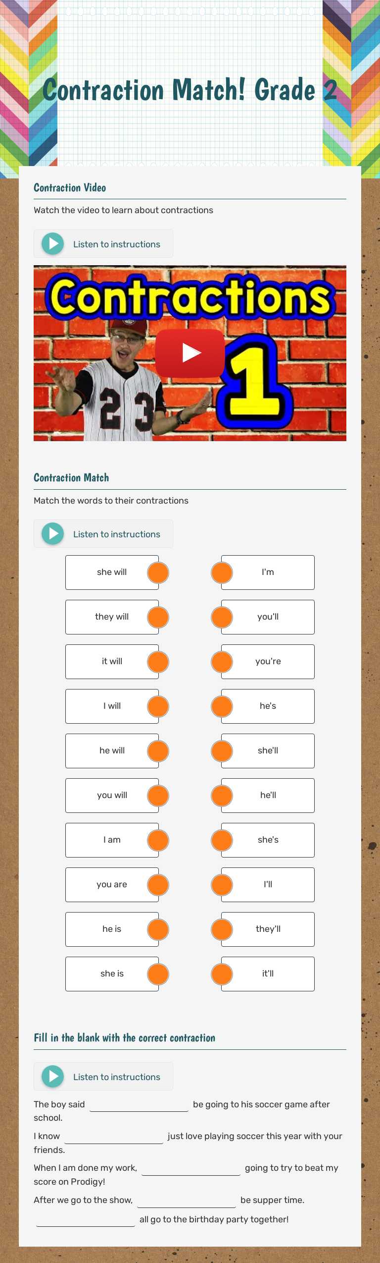 Contraction Match! Grade 2 worksheet preview image