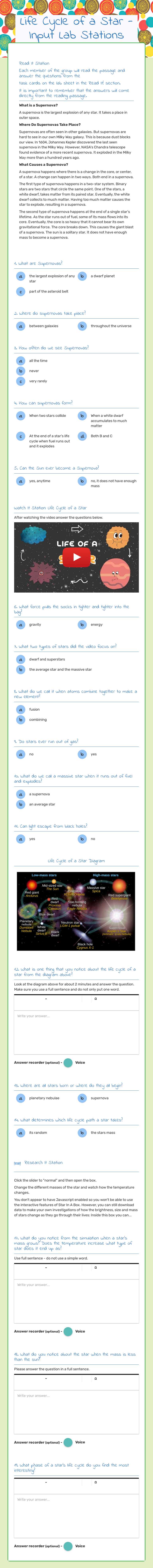 Life Cycle of a Star - Input Lab Stations worksheet preview image