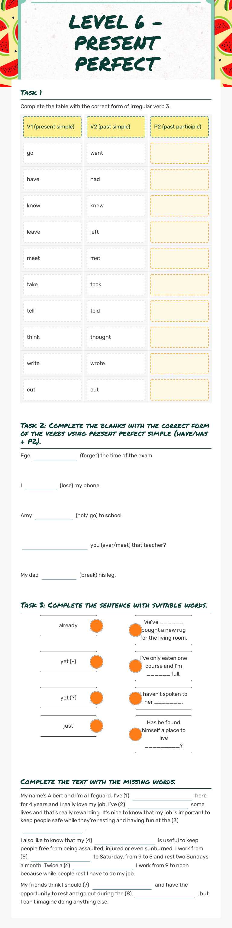 LEVEL 6 - PRESENT PERFECT Grade 6 worksheet preview