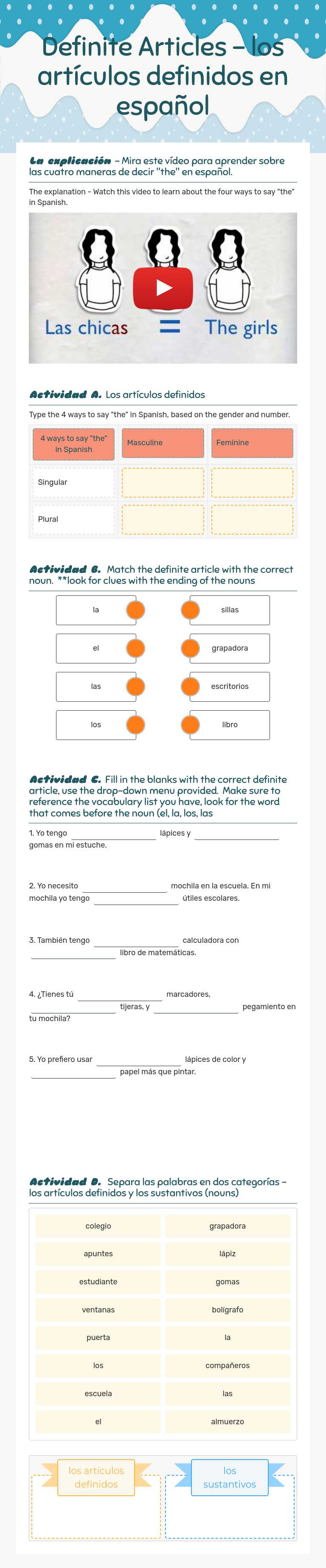 Definite Articles - los artículos definidos en español worksheet preview image