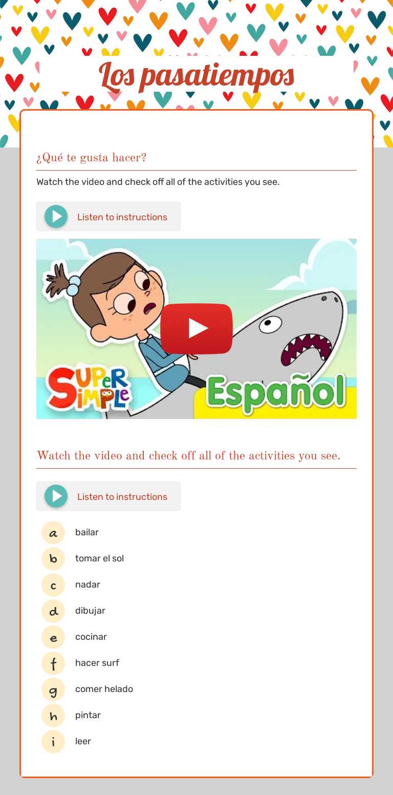 Los pasatiempos Grade 5 worksheet preview
