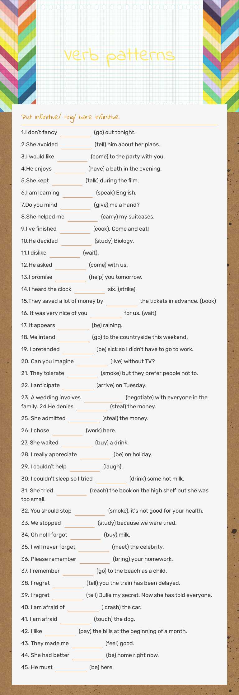 Verb patterns worksheet preview image
