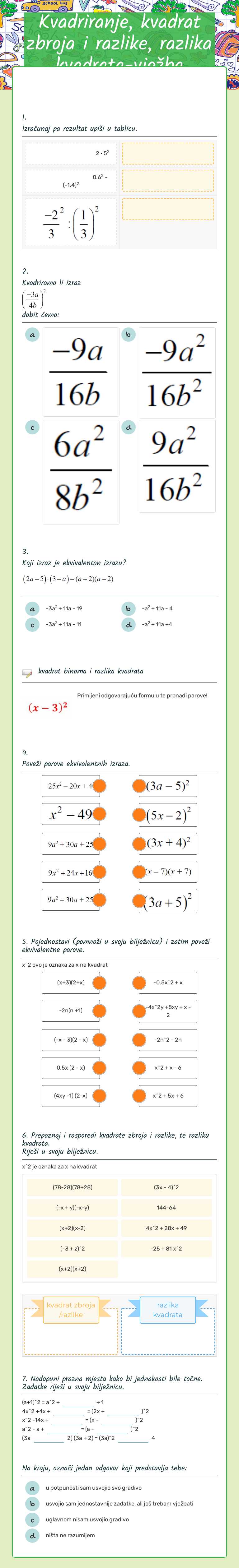 Kvadriranje, kvadrat zbroja i razlike, razlika kvadrata-vježba worksheet preview image