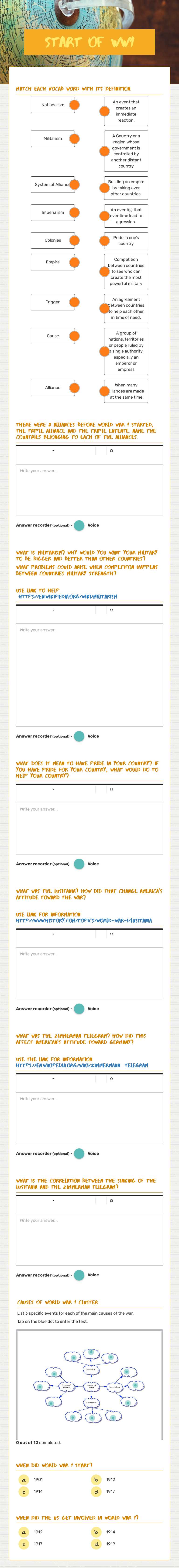 Start of WW1 worksheet preview image