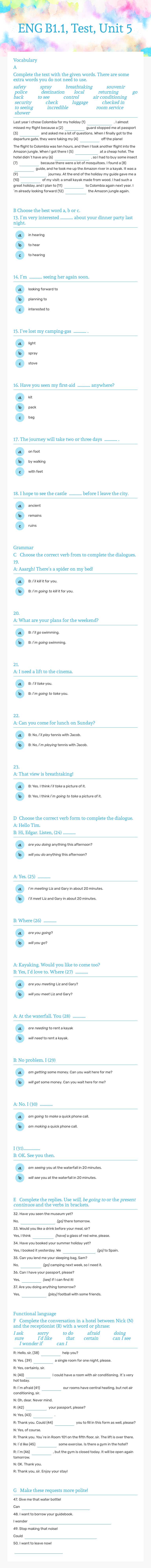 ENG B1.1, Test, Unit 5 worksheet preview image