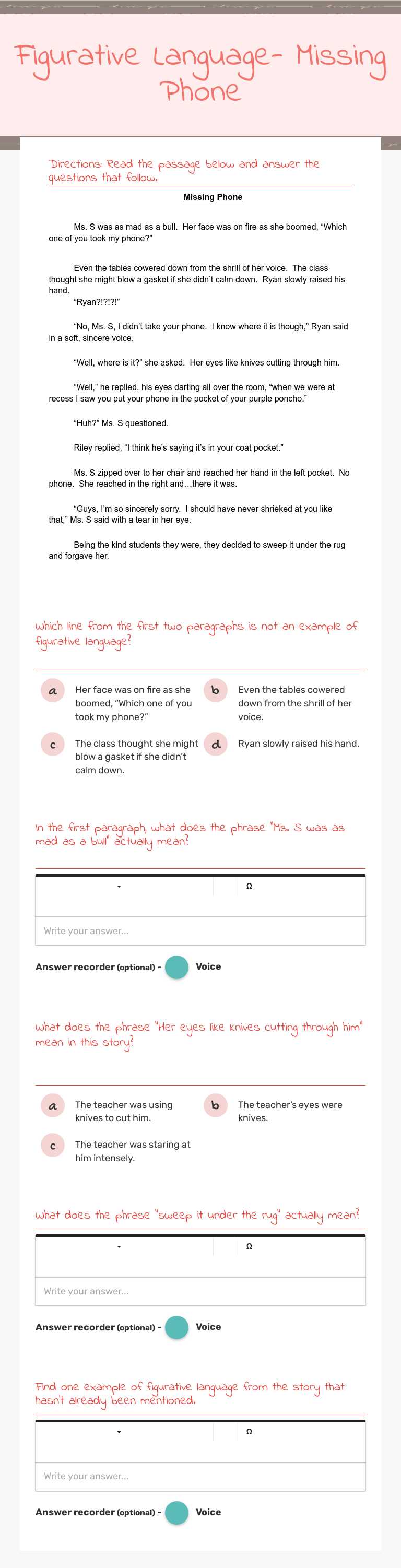 Figurative Language- Missing Phone worksheet preview image