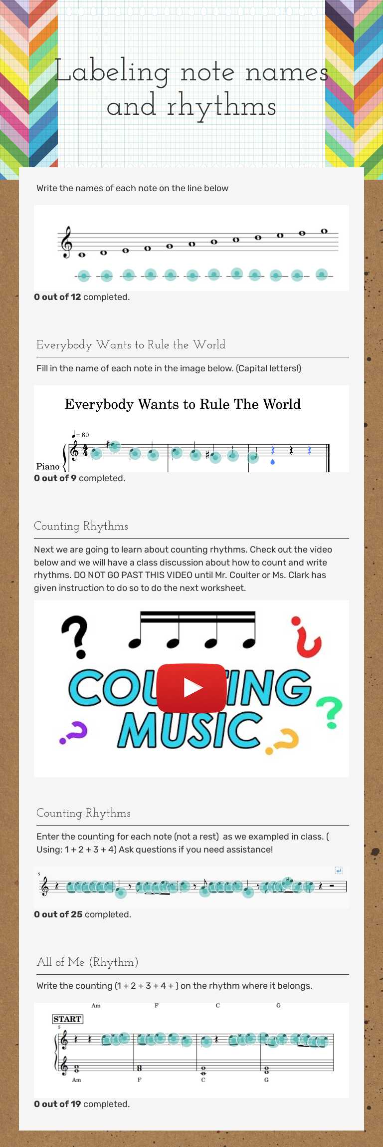 Labeling note names and rhythms worksheet preview image
