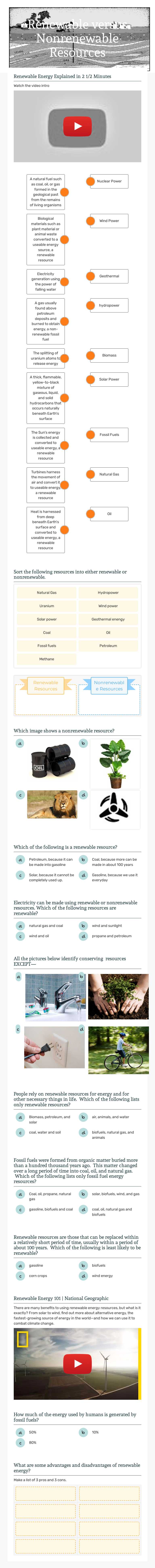 Renewable versus Nonrenewable Resources worksheet preview