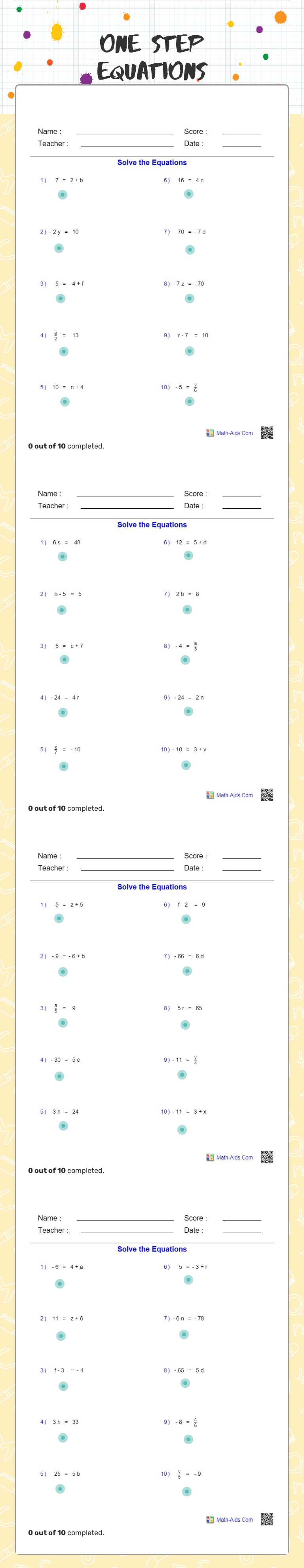 one step equations Grade 6 worksheet preview