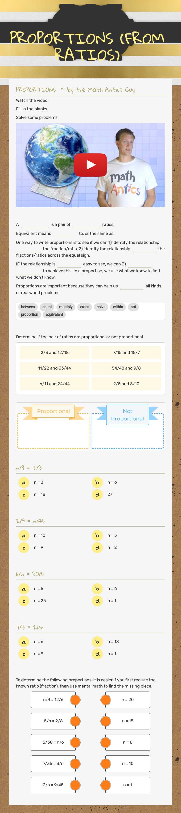 PROPORTIONS (FROM RATIOS) worksheet preview image