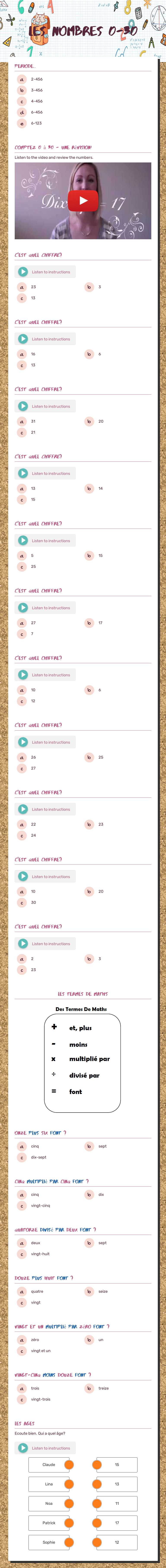 Les Nombres 
0-30 Grade 6 worksheet preview