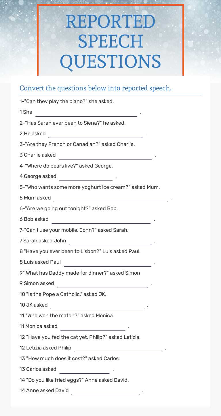 REPORTED SPEECH QUESTIONS Grade 12 worksheet preview