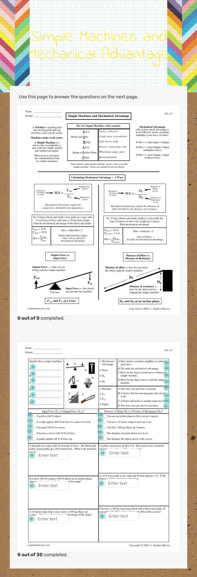 Simple Machines and Mechanical Advantage worksheet preview image