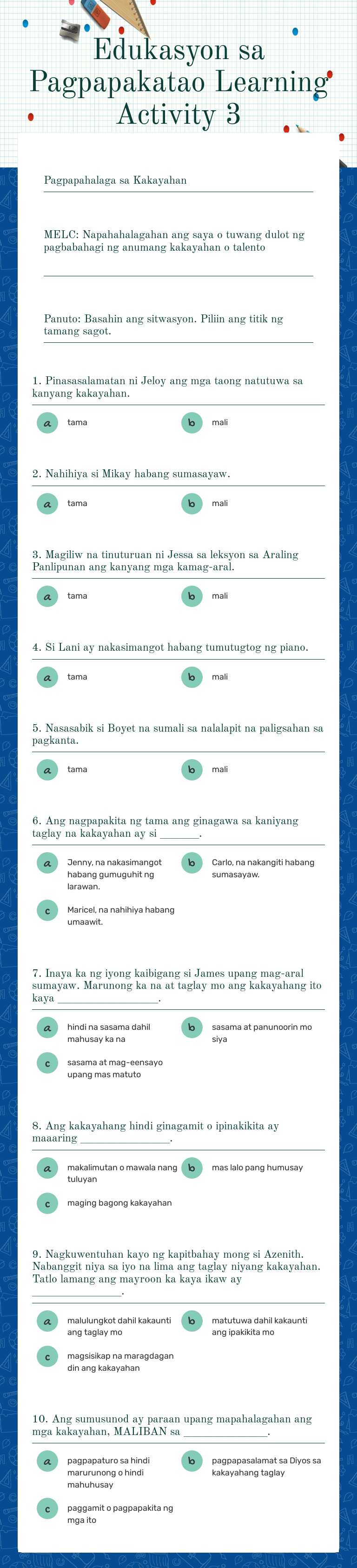 Edukasyon sa Pagpapakatao
Learning Activity 3 Grade 2 worksheet preview