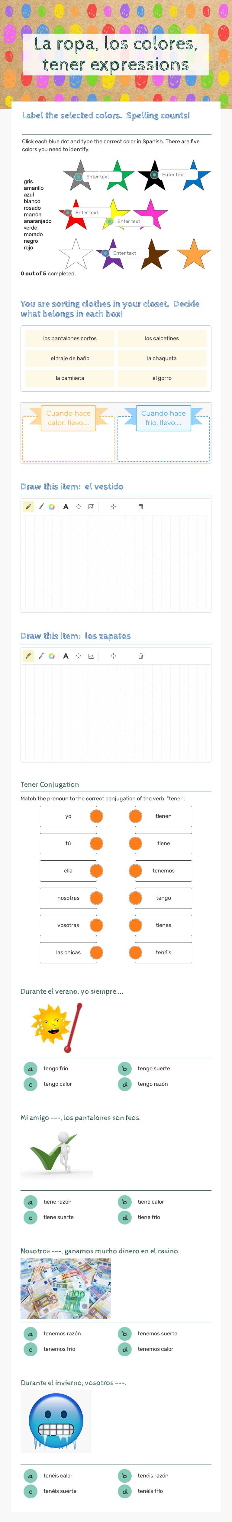 La ropa, los colores, tener expressions worksheet preview image
