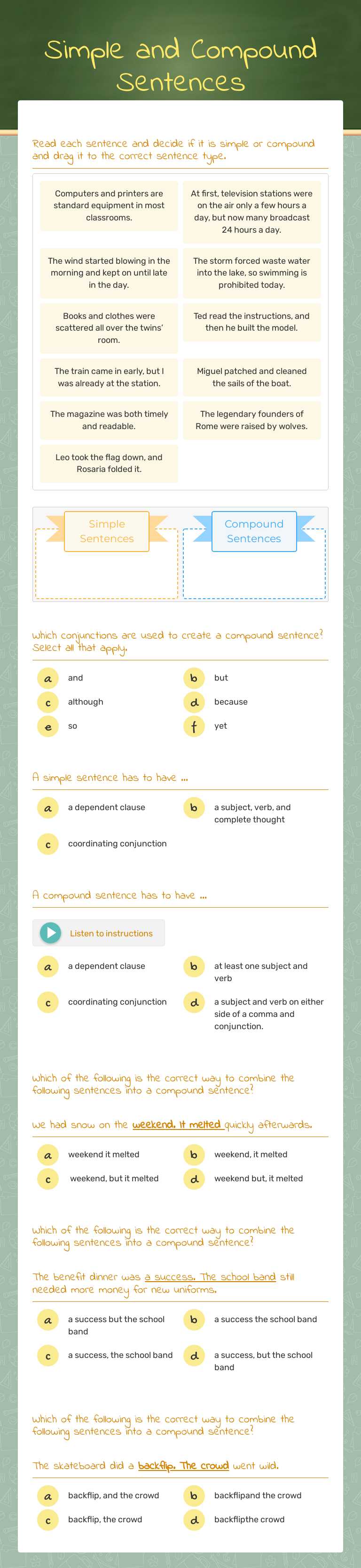 Simple and Compound Sentences worksheet preview image
