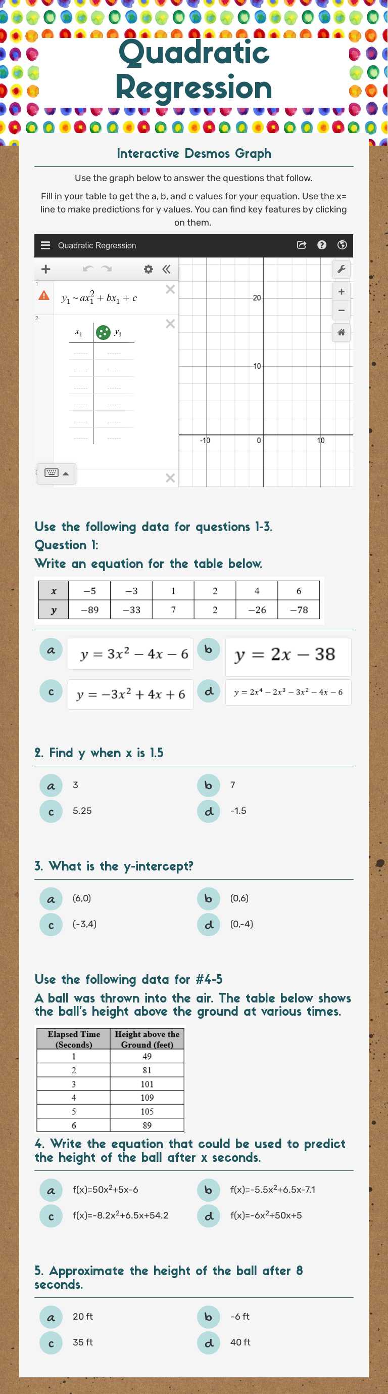 Quadratic Regression Grade 10 worksheet preview