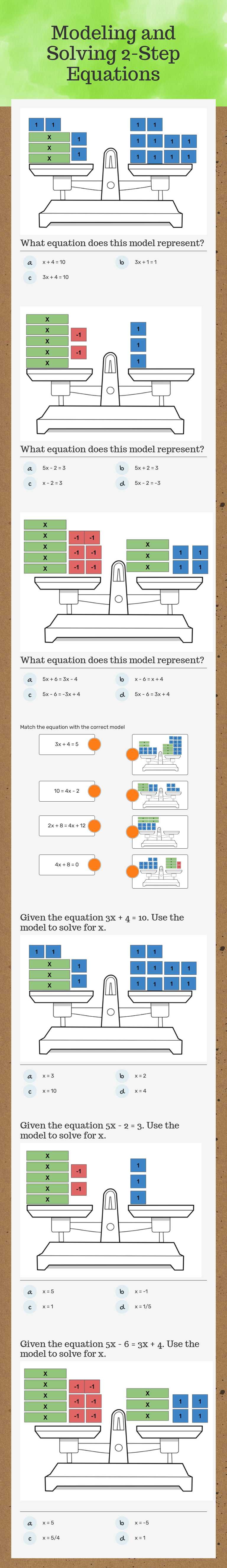 Modeling and Solving 2-Step Equations worksheet preview image