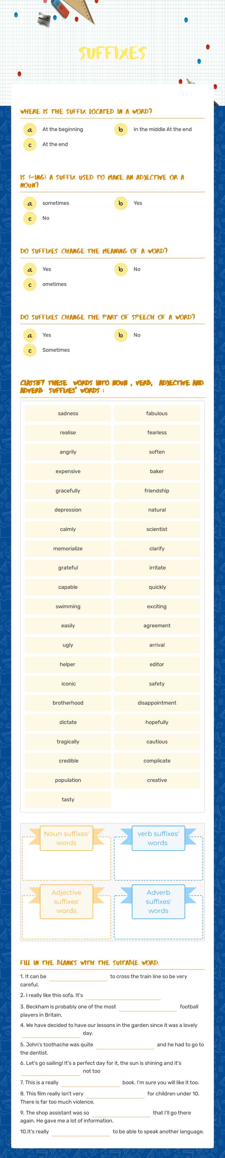 Suffixes Grade 9 worksheet preview