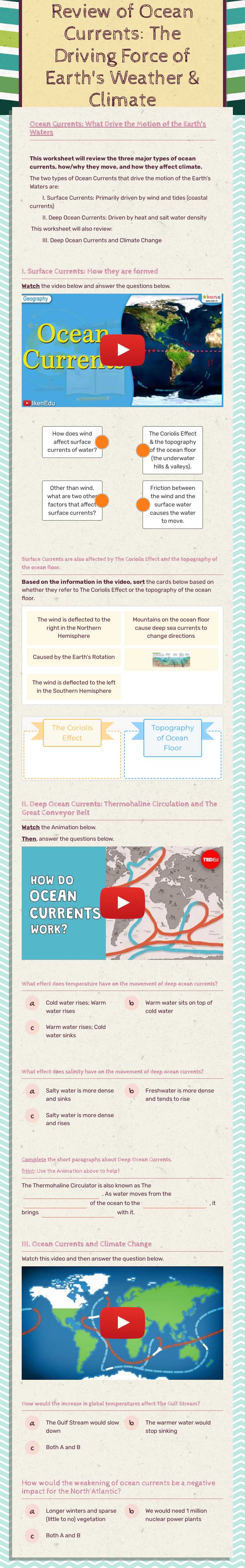 Review of Ocean Currents: The Driving Force of Earth's Weather & Climate Grade 9 worksheet preview
