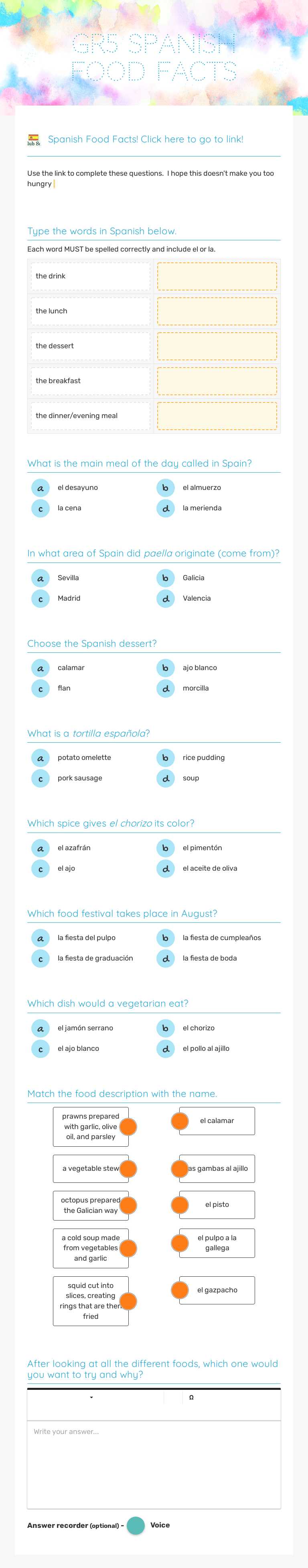 GR5 Spanish Food facts Grade 5 worksheet preview