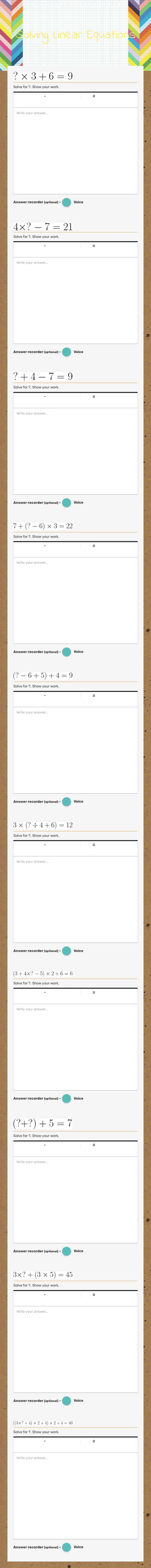 Solving Linear Equations worksheet preview image