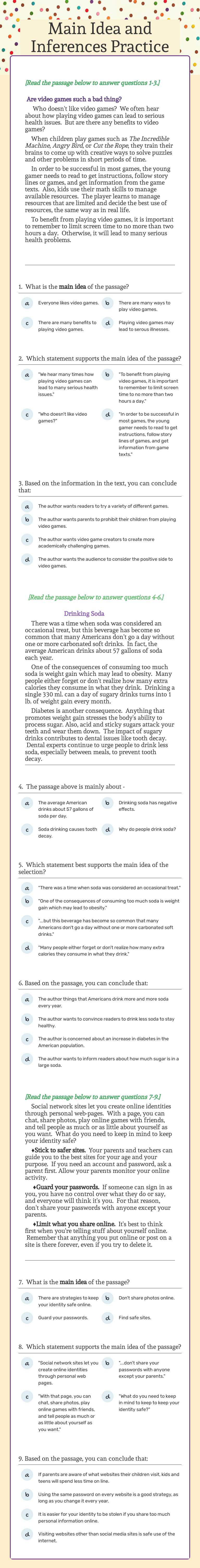 Main Idea and Inferences Practice Grade 7 worksheet preview