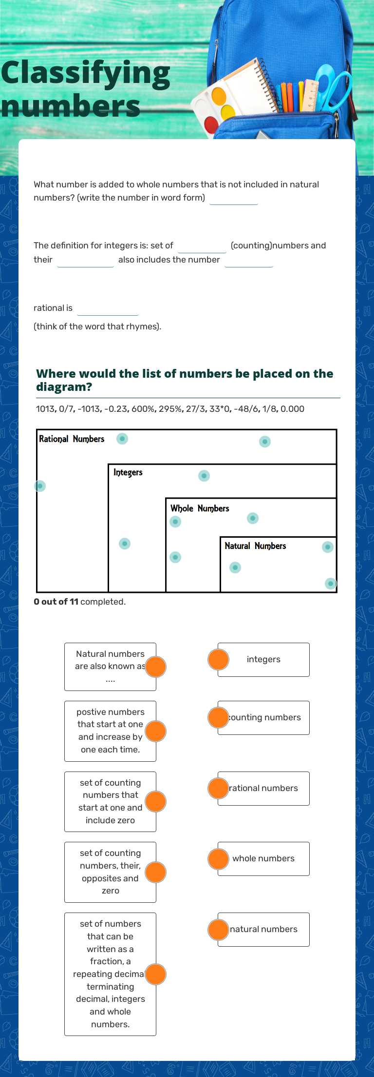 Classifying numbers worksheet preview image
