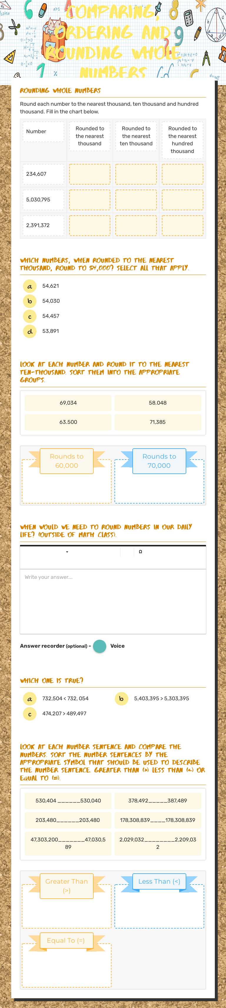 Comparing, Ordering and rounding whole numbers worksheet preview image